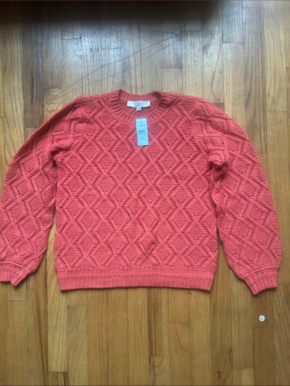 LOFT Coral Open-Stitch Diamond Crewneck Sweater